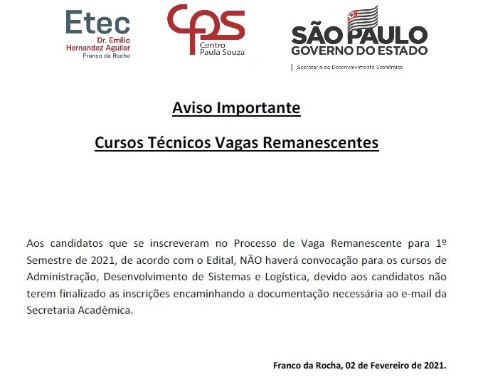 Vagas Remanescentes – Aviso Importante para os Cursos Técnicos