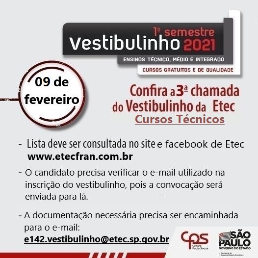 3° chamada do Vestibulinho da Etec 1º semestre de 2021 para os Cursos Técnicos.