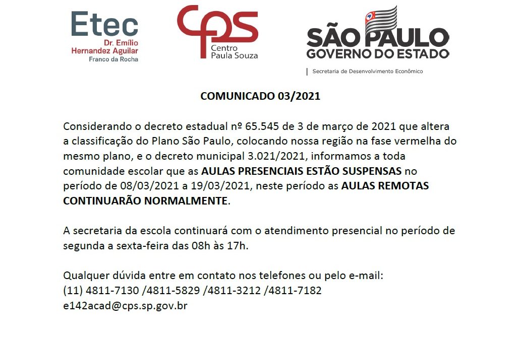 COMUNICADO 03/2021 – sobre a suspensão das aulas presenciais