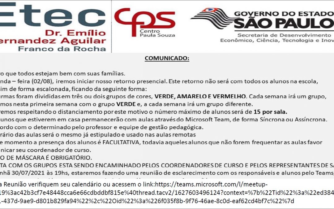 COMUNICADO SOBRE O RETORNO DAS AULAS PRESENCIAIS
