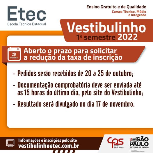 Inscrição para redução da taxa do Vestibulinho 1° sem 2022 começa nesta quarta (20/10)