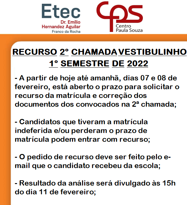 Aberto o prazo para solicitar recurso da matrícula e correção dos documentos dos convocados na 2ª chamada do Vestibulinho da nossa Etec para o 1º semestre de 2022!