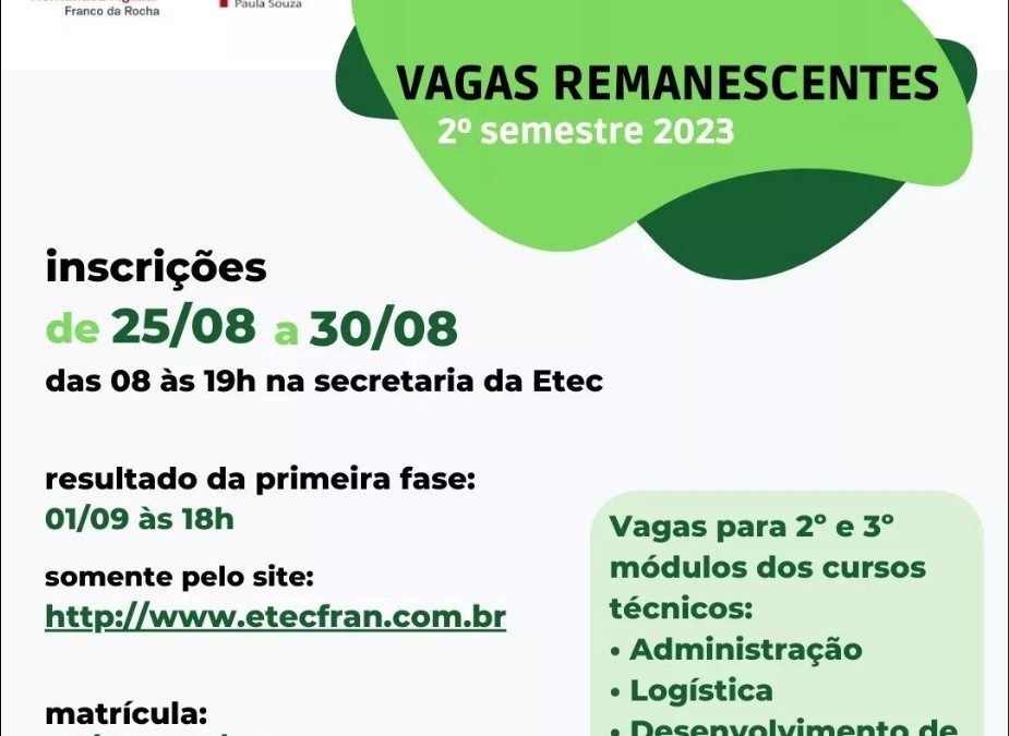 Vagas Remanescentes para os Cursos Técnicos 2° e 3° Módulos do 2° Semestre de 2023